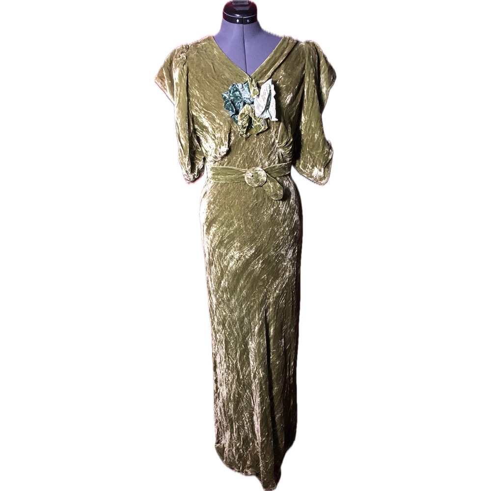 Vintage 1930s Style Olive Green Crushed Velvet Gown C34 W28 H37 Small